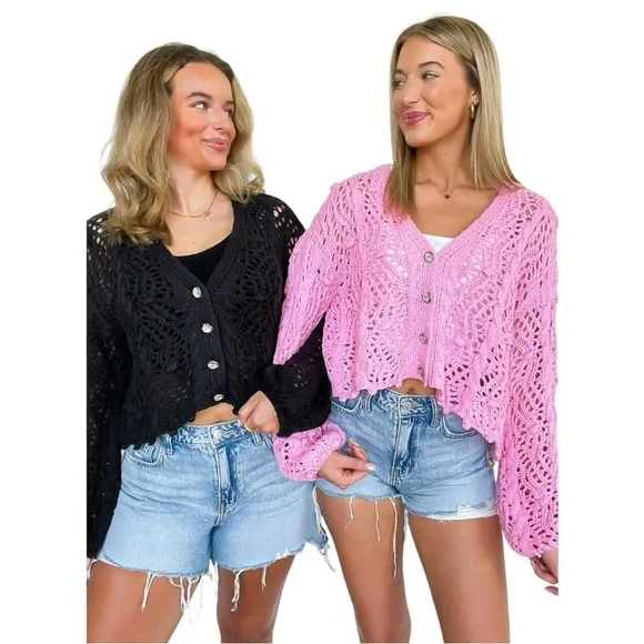 POL Sena Oversized Crochet Cardigan in Black Only - Picture 3 of 4